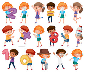 Set of children doing different activities on white background