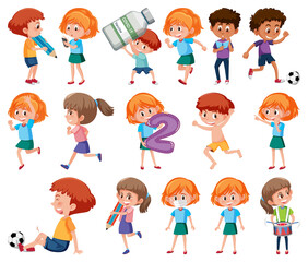 Set of children doing different activities on white background
