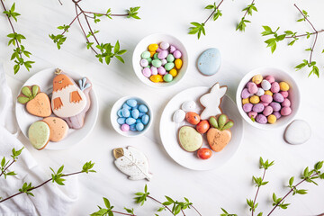 Handmade Easter gingerbread cookies and chocolate eggs.
