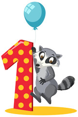 Raccoon holding the number cartoon character isolated on white background