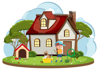 Happy boy washing his dog in front of house cartoon