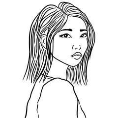 Black and white outline illustration of a young, beautiful woman on a white background for your design.