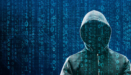 Hacker over Abstract Digital Background with Elements of Binary Code and Computer Programs. Concept of Data thief, internet fraud, darknet and cyber security.