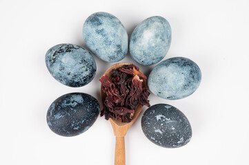 Easter eggs handmade painted by hibiscus tea on white background. Wooden spoon with Hibiscus tea leaves.Easter tradition