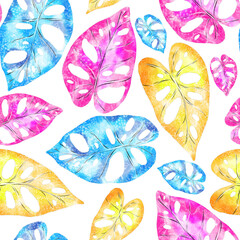 Watercolor seamless pattern with colorful abstract tropical leaves. Bright summer print with exotic plants. Creative trendy botanical textile design.	