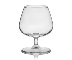 Empty transparent glass cup, shot glass, glass for wine, whiskey, cognac, martini, beer, juice and other drinks, isolated on white background. Dishes for bar, restaurant, pub.