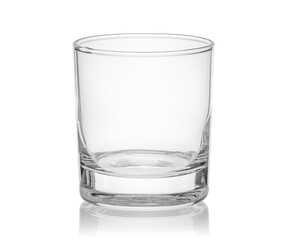 Empty transparent glass cup, shot glass, glass for wine, whiskey, cognac, martini, beer, juice and other drinks, isolated on white background. Dishes for bar, restaurant, pub.