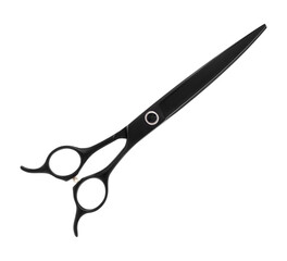Scissors for cutting people and pets. Grooming scissors. Closed scissors on a white isolated background. Side view.