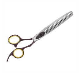 Scissors for cutting people and pets. Grooming scissors. Closed scissors on a white isolated background. Side view.