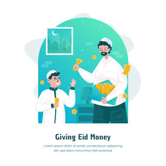Flat design giving eid money or tradition giving cash to children during eid mubarak
