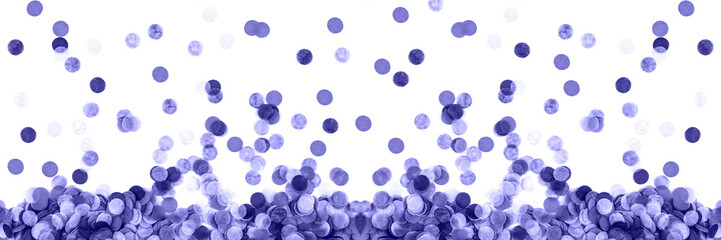 Banner with purple confetti background. Flat lay style.