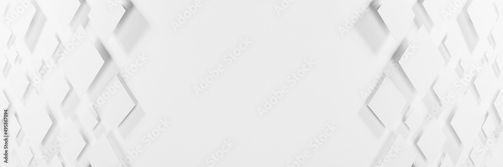 Poster white abstract geometric banner - pattern of soar rhombuses in light with soft grey shadows as borde