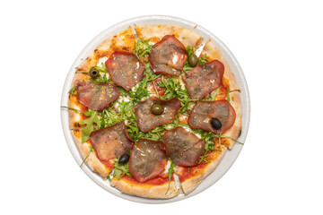 Arugula prosciutto pizza served on white plate isolated on white