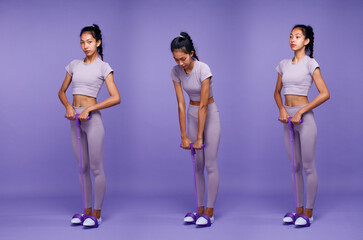 Naklejka premium Collage Full length body of Asian slim tanned skin Fitness woman exercise warm up stretch ABS arms