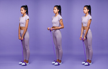 Fototapeta premium Collage Full length body of Asian slim tanned skin Fitness woman exercise warm up stretch ABS arms