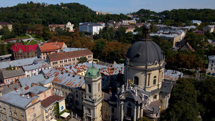 Aerial video of Dominican Church in central part of old city of Lviv, Ukraine