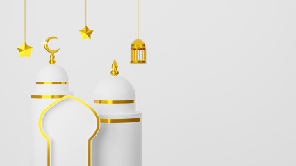 Ramadan Kareem, design mosque dome and gold moon with gold lantern lamp on white background. 3d rendering