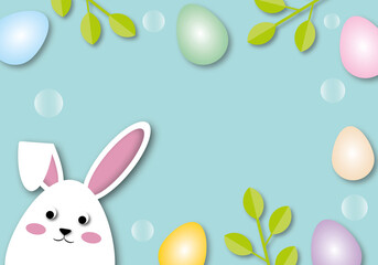White rabbit with colourful eggs, bubble and leaf on pastel blue background. Holiday illustration for greeting card of Happy Easter’s Day, space for the text. paper cut design style.