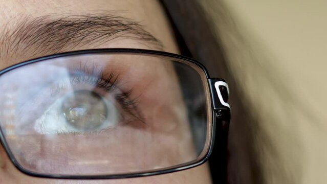 close up of woman eye wearing vision glasses. girl is looking up and blinks with eyelashes. sad eyes of woman. the sky reflection in the glasses. women with miopia. business and education concept. 