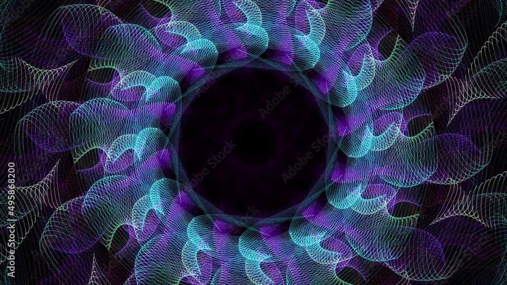 Wall mural mandala style kaleidoscopic pattern of particles appears and rotates on black background then fades 