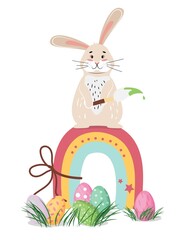 Cute bunny sitting on the rainbow. Easter bunny painting eggs. Easter flat illustration.