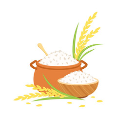 Cooking rice in earthen pot. Earth pot vector. Hot rice in bowl.