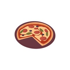 Italian pizza served on plate with absent piece. Vegetarian food with tomato, olives, basil, mozzarella cheese, sauce and thick crust. Flat vector illustration isolated on white background