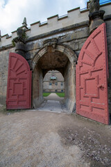 Opened gates/archway at Bolsover Castle in Derbyshire, UK