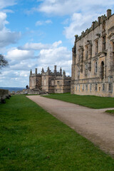 Fototapeta premium Blue, cloudy skies at Bolsover Castle in Derbyshire, UK