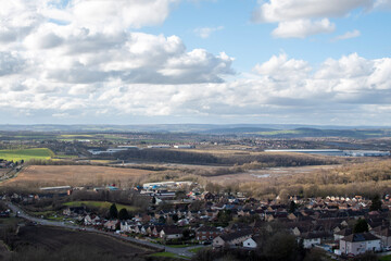 Views of Derbyshire countryside and blue, cloudy skies from the grounds of Bolsover Castle, near Chesterfield, UK
