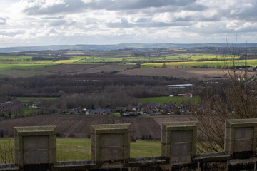 Views of Derbyshire countryside and cloudy skies, from the walls of Bolsover Castle in Derbyshire, UK