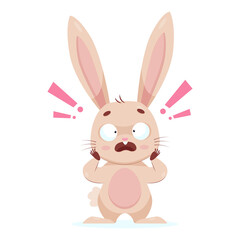 Frustrated rabbit with open mouth cartoon vector illustration. Confused bunny with exclamation marks above it holding its head with paws. Wildlife animal, emotion concept