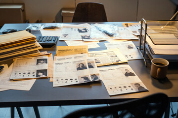 Workplace of fbi agent with criminal profiles, evidences and clues, stacks of packed documents or...