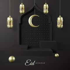 Ramadan 3d realistic rendering with golden lights