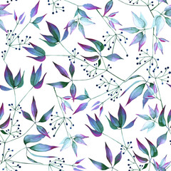 Materiał do szycia Seamless pattern of abstract fantasy colorful herbs with leaves on light beige background. Hand drawn watercolor.