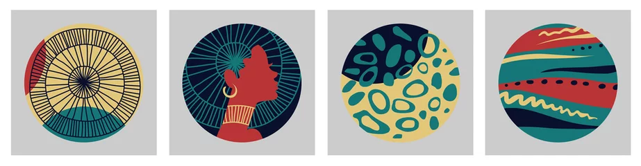 Ingelijste posters Afrikaanse Motieven Set of abstract posters with black woman, African motifs and abstract elements. Colorful circles on a gray background. Flat design in black, emerald, red, beige. Vector for print, cover and wall art.  © Oksana_Skryp