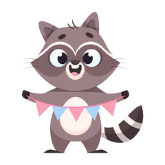 Fototapeta na wymiar Racoon holding garland with flags cartoon vector illustration. Mammal preparing for birthday party, holding hanging decoration for creating festive atmosphere. Wildlife animal, celebration concept