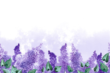 Endless field of lilac flowers with lilac fog on white background. Hand drawn watercolor. Copy space.