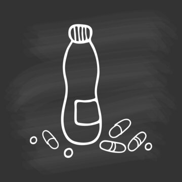Hand drawn bottle multi-vitamins on chalkboard. White outline on black background. Cute element in doodle style for card, social media banner, sticker, decoration kids playroom. Vector illustration