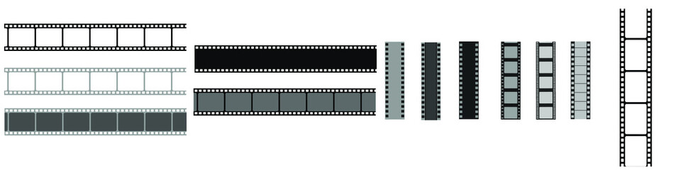 Film strip templates. Cinema monochrome border celluloid tape, media empty image photo video vintage frame movie reel vector set