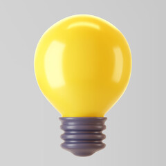 3d yellow light bulb icon isolated on gray background. Render cartoon style minimal yellow glass light bulb. Creativity idea, business success, strategy concept. 3d realistic vector