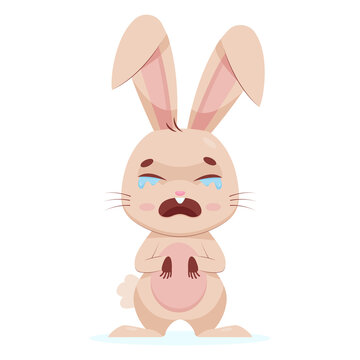 Crying rabbit on white background cartoon vector illustration. Unhappy and disappointed fluffy rodent with long ears having problems. Wildlife animal, emotion, grief concept