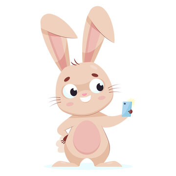 Cute bunny taking selfie on phone cartoon vector illustration. Fluffy rodent taking photo, looking at smartphone camera and posing. Wildlife animal, photography concept