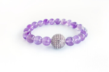 Amethyst Crystal Bracelet with Large Zirconia Bead Ball in Lavender Isolated on White