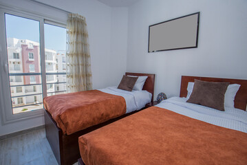 Obraz premium Interior design of twin bedroom in house