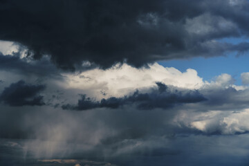 Naklejka na ściany i meble background of dark dramatic sky with stormy clouds before rain or snow, extreme weather