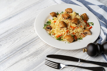 Plate with delicious homemade pilaf with meet