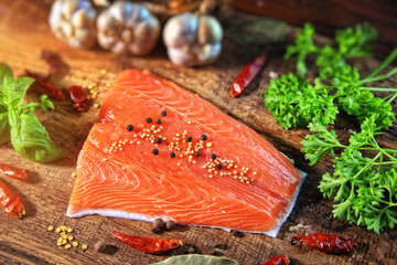 delicious and healthy salmon ready for baking - 495873083