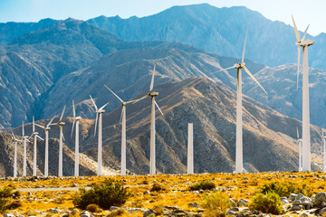 Wind turbines on sunny summer autumn mountain landsape. Green ecological power energy generation....