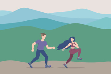 Obraz na płótnie Canvas A guy and a girl run in nature. vector illustration